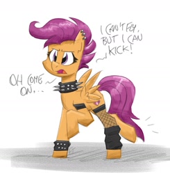Size: 1658x1693 | Tagged: safe, artist:flutterthrash, scootaloo, pegasus, pony, g4, choker, clothes, dialogue, ear piercing, earring, fishnet stockings, jewelry, piercing, simple background, solo, spiked choker, spiked wristband, stockings, thigh highs, white background, wristband
