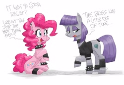 Size: 2298x1582 | Tagged: safe, artist:flutterthrash, maud pie, pinkie pie, earth pony, pony, g4, choker, clothes, dialogue, duo, ear piercing, earring, female, jewelry, lidded eyes, mare, pie sisters, piercing, shirt, siblings, sisters, smiling, spiked choker, spiked wristband, wristband