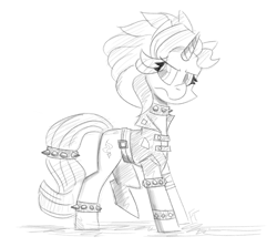Size: 1849x1649 | Tagged: safe, artist:flutterthrash, starlight glimmer, pony, unicorn, g4, alternate hairstyle, choker, clothes, edgelight glimmer, frown, grayscale, jacket, looking at you, monochrome, sketch, solo, spiked choker, spiked wristband, tail wrap, unamused, wristband