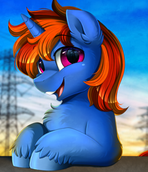 Size: 1722x2003 | Tagged: safe, artist:pridark, oc, oc only, oc:whirling flow, pony, unicorn, bust, chest fluff, commission, dishevelled, eye reflection, hooves, looking at you, male, open mouth, portrait, power line, purple eyes, reflection, smiling, solo, stallion, unshorn fetlocks