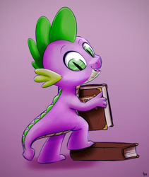 Size: 923x1093 | Tagged: safe, artist:ikarooz, spike, dragon, g4, book, cute, male, open mouth, smiling, solo, spikabetes