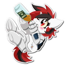 Size: 1000x1000 | Tagged: safe, artist:willoillo, oc, oc only, oc:blackjack, cyborg, pony, unicorn, fallout equestria, fallout equestria: project horizons, alcohol, amputee, cute, cybernetic legs, fanfic art, horn, pipbuck, small horn, solo, sticker, unicorn oc, whiskey