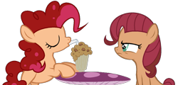 Size: 1405x673 | Tagged: safe, artist:doian, artist:strassenlaterne, oc, oc only, oc:cherry sandwich, oc:jammy toast, earth pony, pony, base used, duo, female, milkshake, offspring, parent:cheese sandwich, parent:pinkie pie, parents:cheesepie, siblings, simple background, sisters, transparent background, twins