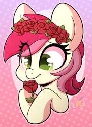 Size: 2085x2886 | Tagged: safe, artist:sakukitty, roseluck, earth pony, pony, g4, big ears, bust, cute, floral head wreath, flower, high res, rosabetes, rose, smiling, solo