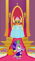 Size: 1420x2470 | Tagged: safe, artist:cloudy glow, artist:hunternif, artist:jhayarr23, edit, smolder, spike, dragon, pony, g4, hearth's warming eve (episode), what lies beneath, .svg available, banner, beautiful, carpet, clothes, column, cropped, cup, dragoness, dress, eyeshadow, female, hearth's warming eve, jewelry, lipstick, majestic, makeup, male, princess smolder, puffy sleeves, room, ship:spolder, shipping, straight, teacup, throne, throne room, tiara, vector