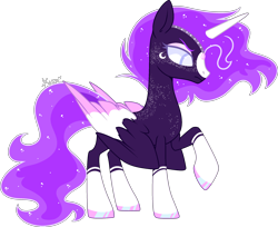 Size: 2492x2030 | Tagged: safe, artist:kurosawakuro, oc, oc only, alicorn, pony, base used, coat markings, colored wings, ethereal mane, female, high res, magical lesbian spawn, mare, multicolored wings, offspring, parent:princess luna, parent:starlight glimmer, parents:starluna, simple background, slender, socks (coat markings), solo, starry mane, thin, transparent background, wings