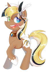Size: 1200x1750 | Tagged: safe, artist:patchnpaw, oc, oc only, oc:unity (brony fair), pony, unicorn, brony fair, feather in hair, female, heterochromia, mare, mascot, raised hoof, simple background, solo, transparent background