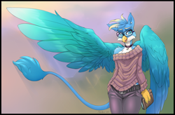 Size: 1372x901 | Tagged: safe, artist:quadra, gallus, griffon, anthro, g4, beak, blushing, book, cheek fluff, chest fluff, clothes, collar, colored pupils, crossdressing, digital art, ear piercing, femboy, girly, glasses, leonine tail, looking at you, male, nerdy, off shoulder, off shoulder sweater, open mouth, pale belly, pants, piercing, shirt, shoulder fluff, simple background, sissy, smiling, solo, spread wings, sweater, tail, wings