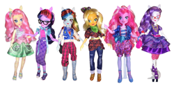 Size: 1108x550 | Tagged: safe, artist:stephen sumner, applejack, fluttershy, pinkie pie, rainbow dash, rarity, sci-twi, twilight sparkle, equestria girls, g4, doll, humane five, humane six, prototype, prototypes, simple background, toy, white background