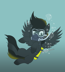 Size: 3819x4231 | Tagged: safe, artist:akira-devilman666, oc, oc only, oc:shadow whip, pegasus, pony, air tank, aquaphilia, asphyxiation, breathplay, bubble, dive mask, drowning, fetish, peril, scuba diving, scuba gear, solo, spear, underwater, weapon