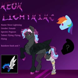 Size: 768x768 | Tagged: safe, artist:rainydayjitters, rainbow dash, oc, oc:neon lightning, pegasus, pony, g4, female, mare, reference sheet