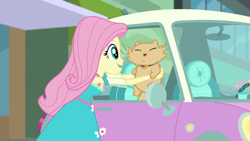 Size: 1280x720 | Tagged: safe, screencap, fluttershy, cat, driving miss shimmer, driving miss shimmer: fluttershy, equestria girls, g4, my little pony equestria girls: better together, armpits, belt, clothes, collar, cutie mark, cutie mark on clothes, duo, duo female, eyes closed, eyeshadow, female, fluttershy boho dress, fluttershy's car, geode of fauna, jewelry, magical geodes, makeup, mini cooper, miss kitty, necklace, open mouth, open smile, out of context, sleeveless, smiling