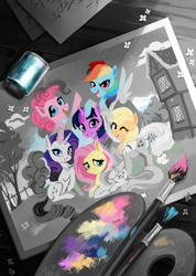 Size: 1500x2101 | Tagged: safe, artist:weird--fish, applejack, fluttershy, pinkie pie, rainbow dash, rarity, twilight sparkle, earth pony, pegasus, pony, unicorn, g4, mane six, mane six opening poses, re:questria