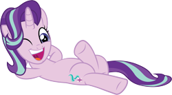 Size: 10861x5986 | Tagged: safe, artist:wissle, starlight glimmer, pony, unicorn, a horse shoe-in, g4, absurd resolution, arm behind head, character swap, crossed legs, cute, female, glimmerbetes, happy, laid back, looking at you, lying down, mare, misleading thumbnail, on back, one eye closed, open mouth, palette swap, reclining, recolor, simple background, solo, starlight glimmer day, transparent background, vector, wink