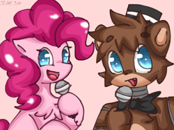 Size: 1080x810 | Tagged: safe, artist:starflashing twinkle, pinkie pie, bear, earth pony, pony, anthro, g4, anthro with ponies, bowtie, crossover, cute, diapinkes, duo, female, five nights at freddy's, freddy fazbear, hat, looking at you, male, mare, microphone, open mouth, pink background, simple background