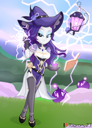Size: 1471x2039 | Tagged: safe, artist:tabrony23, rarity, equestria girls, g4, bedroom eyes, book, breasts, busty rarity, clothes, cosplay, costume, cute, female, genshin impact, gloves, lamp, lisa (genshin impact), looking at you, magic, patreon, patreon logo, sexy, shoes, show accurate, slimes (genshin impact), smiling, solo