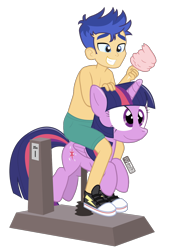 Size: 900x1320 | Tagged: safe, artist:dm29, flash sentry, twilight sparkle, alicorn, equestria girls, g4, clothes, cotton candy, flash sentry riding twilight, humans riding ponies, kiddie ride, partial nudity, riding, riding a pony, simple background, topless, transparent background, twilight sparkle (alicorn), young, younger
