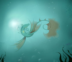 Size: 2200x1907 | Tagged: safe, artist:jenndylyon, oc, oc only, fish, merpony, sea pony, bubble, crepuscular rays, deviantart watermark, fin wings, fish tail, flowing tail, glowing, obtrusive watermark, ocean, scales, seaweed, signature, smiling, solo, sun, sunlight, swimming, tail, underwater, water, watermark, wings