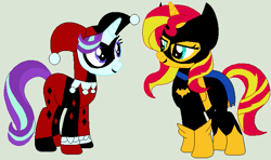 Size: 693x409 | Tagged: safe, artist:jadeharmony, artist:selenaede, starlight glimmer, sunset shimmer, pony, unicorn, g4, base used, batgirl, batman, belt, boots, cape, clothes, cosplay, costume, crossover, dc comics, female, gloves, gray background, harley quinn, lesbian, lipstick, mare, mask, ship:shimmerglimmer, shipping, shoes, simple background