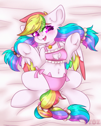 Size: 2000x2500 | Tagged: safe, artist:etoz, oc, oc only, oc:violet scatter prism, pegasus, pony, bed, behaving like a cat, bell, blushing, cat bell, cat lingerie, chest fluff, clothes, collar, commission, cute, fangs, female, frog (hoof), happy, high res, human shoulders, lingerie, lying, lying down, lying on bed, mare, multicolored hair, on bed, pegasus oc, rainbow hair, smiling, solo, underhoof, underwear, wings, ych result