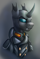 Size: 2080x3040 | Tagged: safe, artist:richmay, oc, oc only, changeling, equestria at war mod, blue changeling, bust, changeling oc, clothes, german, high res, military, military uniform, portrait, scar, solo, uniform, world war ii