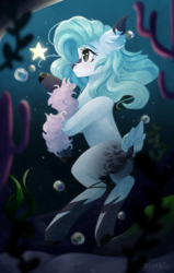 Size: 686x1080 | Tagged: safe, artist:mintkly, oc, oc only, earth pony, pony, bubble, coral, ear fluff, eyelashes, female, flowing mane, glowing, gray eyes, ocean, seaweed, solo, stars, underwater, water