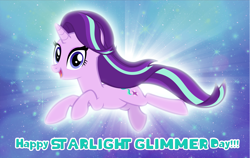Size: 4600x2900 | Tagged: safe, artist:andoanimalia, starlight glimmer, pony, unicorn, g4, cute, floating, flying, glimmerbetes, glowing, happy, heart, looking at you, magic, smiling, solo, starlight glimmer day, stars, story included, text