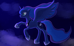 Size: 1440x900 | Tagged: safe, artist:azukatara, princess luna, alicorn, pony, g4, blue eyes, cloud, crown, ethereal mane, female, flowing mane, flowing tail, flying, hoof shoes, horn, jewelry, night, regalia, sky, smiling, solo, spread wings, starry mane, starry tail, stars, tail, wings