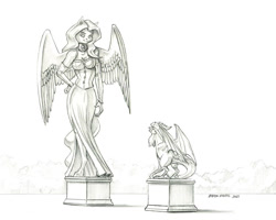 Size: 1280x1024 | Tagged: safe, artist:baron engel, oc, oc:silvia, cockatrice, pegasus, anthro, unguligrade anthro, breasts, cleavage, clothes, dress, female, grayscale, monochrome, patreon, patreon reward, pencil drawing, petrification, simple background, solo, stare, statue, traditional art, white background