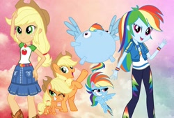 Size: 1803x1221 | Tagged: safe, applejack, rainbow dash, earth pony, pegasus, pony, equestria girls, g4, g4.5, my little pony equestria girls: better together, my little pony: pony life, ashleigh ball, geode of super speed, geode of super strength, inflation, magical geodes, rainblimp dash, wallpaper