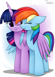 Size: 2480x3507 | Tagged: safe, artist:twidasher, rainbow dash, twilight sparkle, alicorn, pegasus, pony, g4, duo, feather, female, high res, hug, lesbian, looking at each other, mare, one eye closed, ship:twidash, shipping, signature, simple background, twilight sparkle (alicorn), white background, winghug, wings