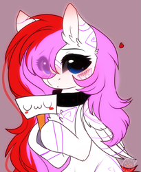 Size: 2127x2591 | Tagged: safe, artist:krissstudios, oc, oc only, oc:mizhore, pegasus, pony, blushing, eye clipping through hair, female, floating heart, heart, high res, mare, sign, simple background, solo, uwu