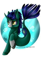 Size: 2059x2912 | Tagged: safe, artist:julunis14, oc, oc only, pony, seapony (g4), unicorn, bubble, commission, crepuscular rays, fish tail, high res, horn, ocean, seaponified, signature, simple background, solo, species swap, sunlight, swimming, tail, transparent background, underwater, water, yellow eyes