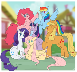 Size: 2334x2200 | Tagged: safe, artist:greenarsonist, applejack, fluttershy, pinkie pie, rainbow dash, rarity, twilight sparkle, alicorn, earth pony, pegasus, pony, unicorn, g4, alternate hairstyle, colored hooves, fat, female, gender headcanon, group photo, headcanon, high res, lgbt headcanon, looking at you, lying down, mane six, mane six opening poses, nonbinary, one eye closed, ponyville, pudgy pie, raised hoof, redraw, sitting, smiling, smiling at you, text, trans female, transgender, twilight sparkle (alicorn), unshorn fetlocks, wink, winking at you