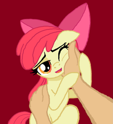 Size: 985x1085 | Tagged: safe, artist:lockerobster, edit, apple bloom, earth pony, human, pony, g4, adorabloom, art theft, bow, cheek squish, cute, disembodied hand, female, filly, floppy ears, hair bow, hand, hand on cheek, human on pony petting, human on pony snuggling, interspecies, lidded eyes, looking at you, offscreen character, one eye closed, petting, pov, simple background, smiling, snuggling, solo focus, squishy cheeks, trace