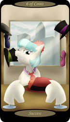 Size: 1500x2591 | Tagged: safe, artist:sixes&sevens, coco pommel, earth pony, pony, g4, beret, female, hat, minor arcana, mouth hold, needle, sewing, six of coins, skyline, solo, tarot card, thread, top hat, window
