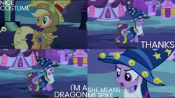 Size: 1280x720 | Tagged: safe, edit, edited screencap, editor:quoterific, screencap, applejack, spike, twilight sparkle, dragon, earth pony, pony, unicorn, g4, luna eclipsed, angry, clothes, cosplay, costume, dragon costume, dragonception, duo, eyes closed, female, halloween, halloween costume, male, nightmare night costume, open mouth, star swirl the bearded costume, teeth, twilight sparkle is not amused, twilight the bearded, unamused, unicorn twilight