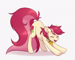 Size: 2416x1928 | Tagged: safe, artist:barlerd, roseluck, earth pony, pony, g4, behaving like a cat, blushing, collar, commission, commissioner:doom9454, cute, eyes closed, long tail, open mouth, pet tag, pony pet, rosepet, simple background, solo, stretching, white background