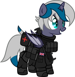Size: 6000x6148 | Tagged: safe, artist:n0kkun, oc, oc only, oc:elizabat stormfeather, alicorn, bat pony, bat pony alicorn, pony, alicorn oc, armor, bat pony oc, bat wings, belt, birthday gift, boots, clothes, female, gloves, grin, gun, horn, mare, military, military uniform, mp5, pants, pouch, sas, shirt, shoes, simple background, smiling, solo, submachinegun, transparent background, uniform, union jack, weapon, wings