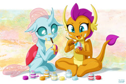 Size: 1200x795 | Tagged: safe, artist:uotapo, ocellus, smolder, changedling, changeling, dragon, g4, brush, cute, diaocelles, dragoness, duo, duo female, easter, easter egg, egg, female, holiday, jpg, mouth hold, open mouth, paint, paintbrush, painting, sitting, smolderbetes