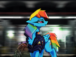 Size: 1890x1417 | Tagged: safe, artist:imadeoos, rainbow dash, pony, g4, angular, backpack, backwards cutie mark, clothes, female, glasses, looking away, mare, metro, solo, subway, uniform, wonderbolts uniform