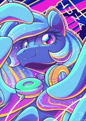 Size: 2480x3508 | Tagged: safe, artist:wavecipher, princess luna, alicorn, pony, g4, colored, cyberpunk, female, headphones, high res, looking at you, mare, synthwave