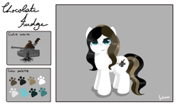 Size: 2000x1200 | Tagged: source needed, useless source url, safe, artist:julie25609, oc, oc only, oc:chocolate fudge, earth pony, pony, cute, female, reference sheet, smiling, solo