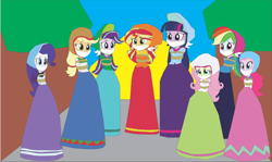 Size: 1388x827 | Tagged: safe, artist:caido58, applejack, fluttershy, pinkie pie, rainbow dash, rarity, sci-twi, starlight glimmer, sunset shimmer, twilight sparkle, alicorn, equestria girls, g4, clothes, humane five, humane seven, humane six, long skirt, skirt, twilight sparkle (alicorn), victorian