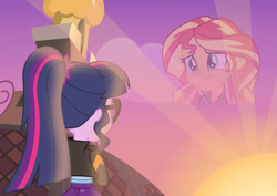 Size: 1024x723 | Tagged: safe, artist:emeraldblast63, sci-twi, sunset shimmer, twilight sparkle, equestria girls, g4, bittersweet, canterlot high, clothes, cute, ending to equestria girls, goodbye, jacket, memory, sad, sunset, sweet, symbolism