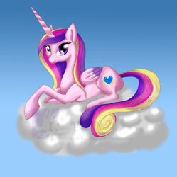 Size: 900x902 | Tagged: safe, artist:novabrush, princess cadance, alicorn, pony, g4, birb, cloud, raised hoof, sitting