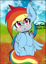 Size: 2057x2868 | Tagged: safe, artist:freefraq, daring do, rainbow dash, pegasus, pony, :<, bipedal, blushing, book, cheek fluff, cloud, cute, ear fluff, embarrassed, eyebrows, eyebrows visible through hair, female, fluffy, hoof fluff, hoof hold, looking at you, mare, open mouth, outdoors, shoulder fluff, sky, solo, wing fluff, wings
