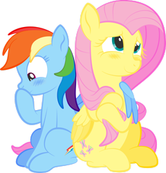 Size: 1920x2000 | Tagged: safe, artist:alexdti, fluttershy, rainbow dash, pegasus, pony, g4, blushing, cute, dashabetes, female, folded wings, hoof over mouth, hug, lesbian, looking away, looking up, mare, one wing out, playing with hair, raised hoof, ship:flutterdash, shipping, shyabetes, simple background, sitting, smiling, transparent background, winghug, wings