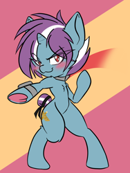 Size: 1536x2048 | Tagged: safe, artist:steelsoul, oc, oc:fix-it, pony, unicorn, bipedal, blushing, female, filly, scarf of light, simple background, tail wrap