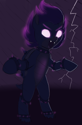 Size: 1471x2223 | Tagged: safe, artist:heretichesh, oc, oc:astre de noire, hybrid, original species, bipedal, dark, glowing mane, lightning, standing on two hooves